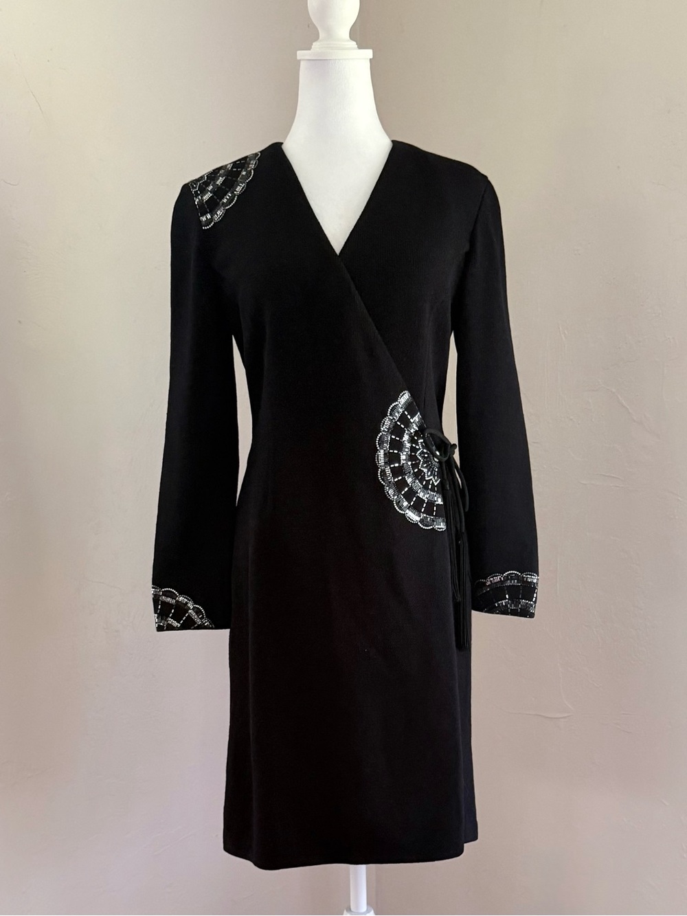St. John Evening Crystal Paillette Sequin Embellished Black Knit Wrap Dress 2